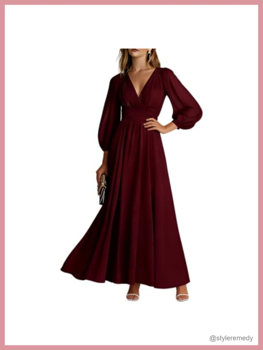 Womens Long Sleeve V-Neck Fit & Flare Chiffon Maxi Dress Casual